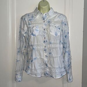 Vtg 90s/Y2K Ariat white torn ribbon snap front shirt with blue floral embroidery